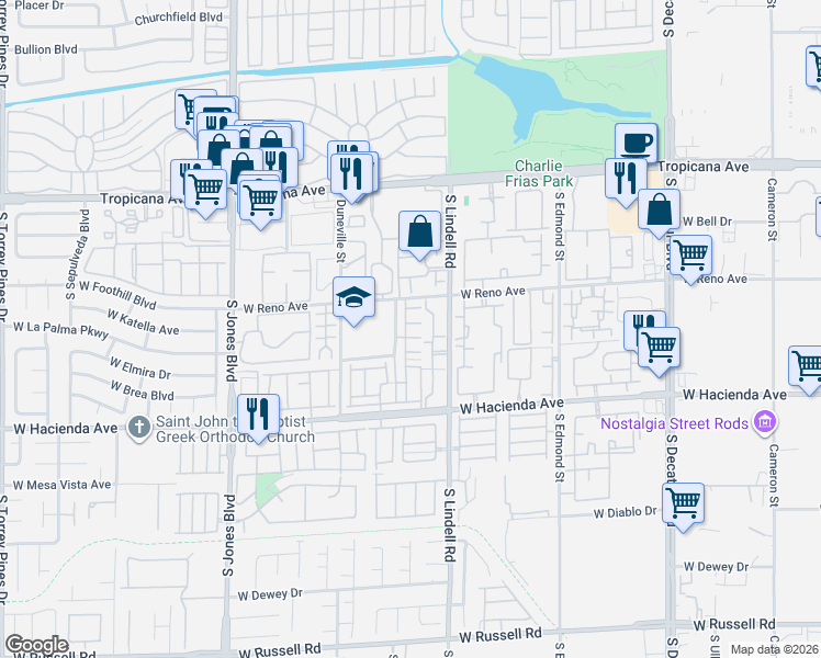 map of restaurants, bars, coffee shops, grocery stores, and more near 5610 Calais Court in Las Vegas