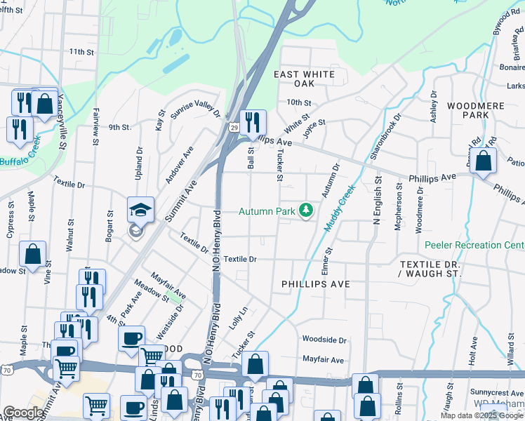 map of restaurants, bars, coffee shops, grocery stores, and more near 1512 Ball Street in Greensboro