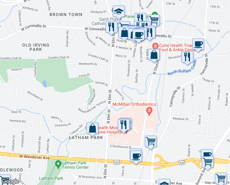 map of restaurants, bars, coffee shops, grocery stores, and more near 1800 North Elm Street in Greensboro