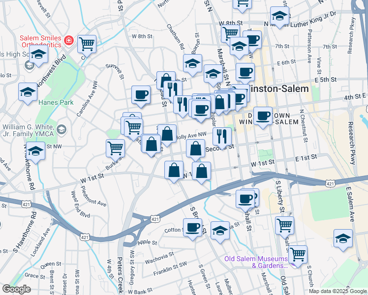 map of restaurants, bars, coffee shops, grocery stores, and more near 648 Holly Avenue Northwest in Winston-Salem