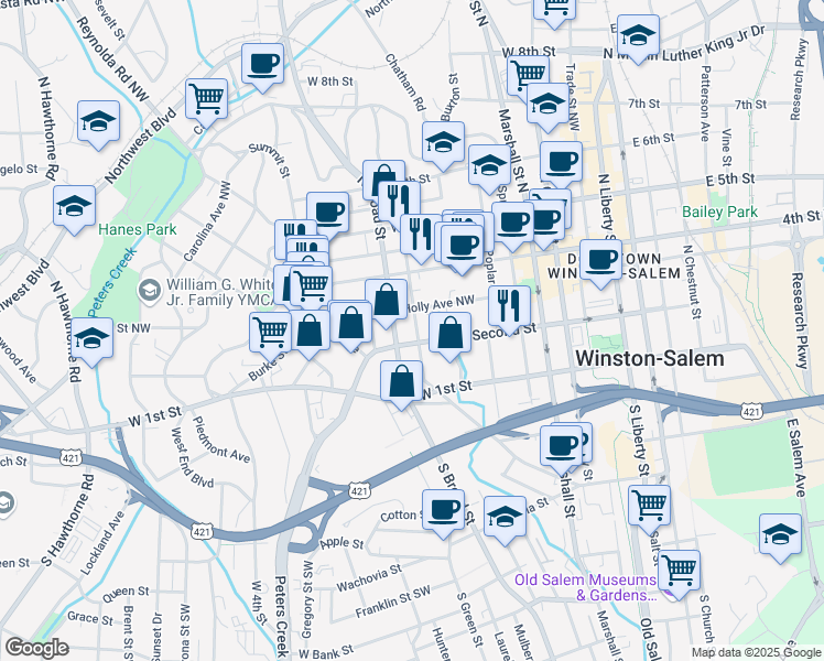 map of restaurants, bars, coffee shops, grocery stores, and more near 215 Broad Street South in Winston-Salem