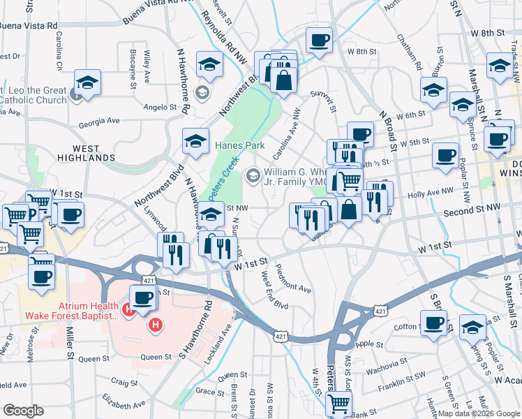map of restaurants, bars, coffee shops, grocery stores, and more near 1306 Glade Street Northwest in Winston-Salem