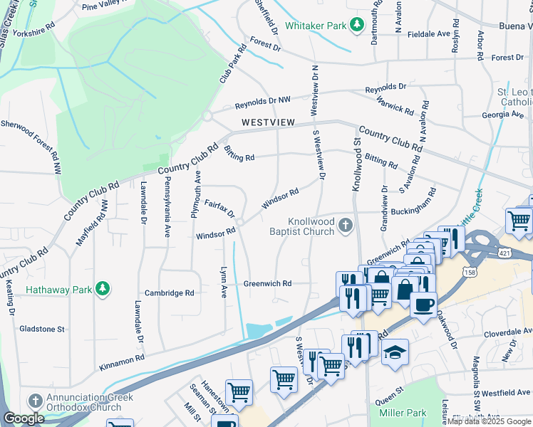 map of restaurants, bars, coffee shops, grocery stores, and more near 307 Windsor Oaks Court in Winston-Salem