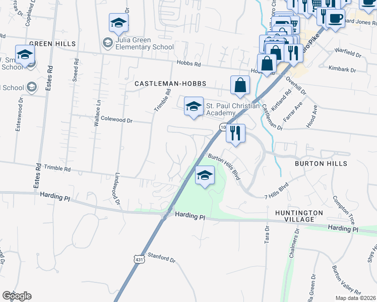 map of restaurants, bars, coffee shops, grocery stores, and more near 100 Jefferson Square in Nashville