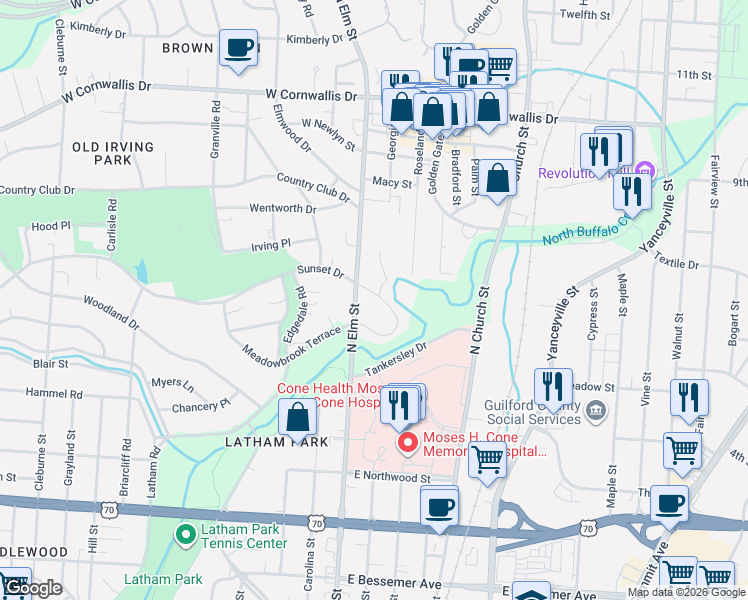 map of restaurants, bars, coffee shops, grocery stores, and more near 1800 North Elm Street in Greensboro