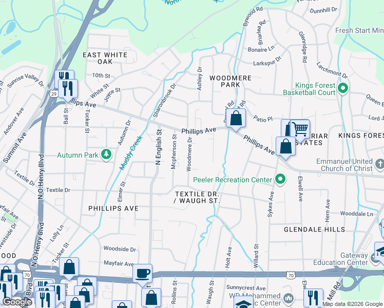 map of restaurants, bars, coffee shops, grocery stores, and more near 1509 Woodmere Drive in Greensboro