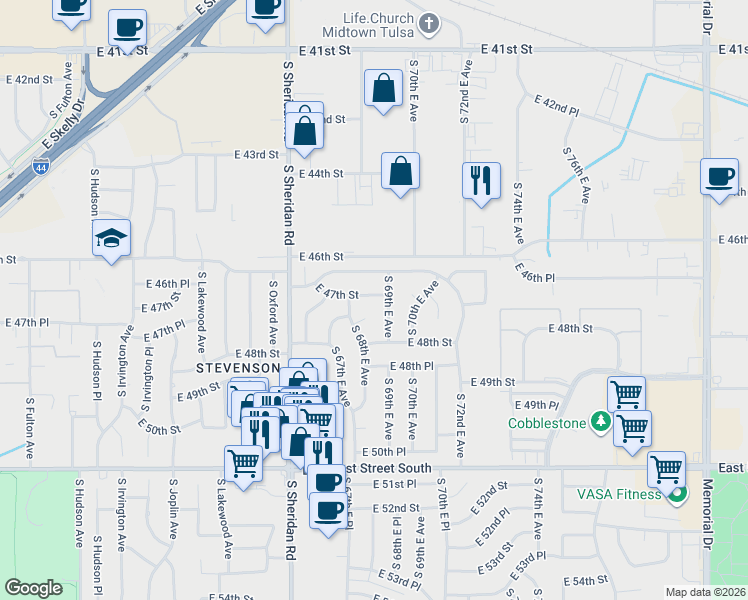 map of restaurants, bars, coffee shops, grocery stores, and more near 6825 East 47th Street in Tulsa