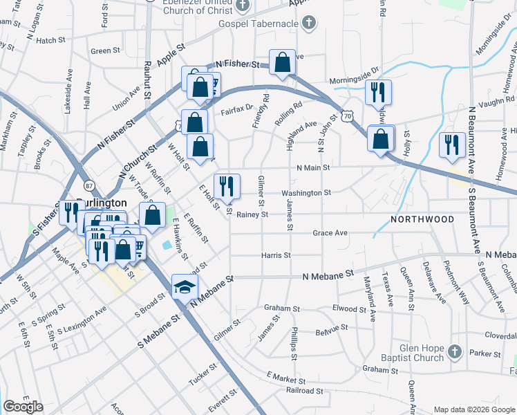 map of restaurants, bars, coffee shops, grocery stores, and more near 615 Washington Street in Burlington
