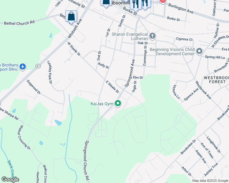 map of restaurants, bars, coffee shops, grocery stores, and more near 126 West Steele Street in Gibsonville