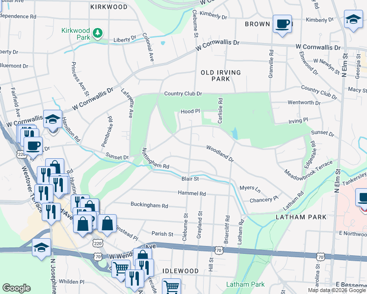 map of restaurants, bars, coffee shops, grocery stores, and more near 622 Woodland Drive in Greensboro