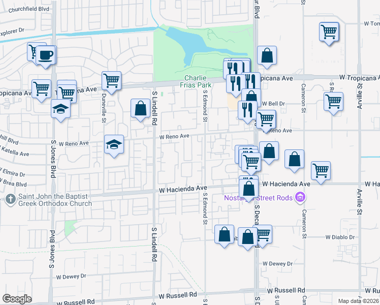 map of restaurants, bars, coffee shops, grocery stores, and more near 5163 Briar Patch Way in Las Vegas