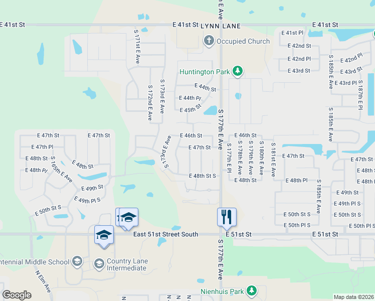 map of restaurants, bars, coffee shops, grocery stores, and more near 17413 East 47th Street in Tulsa