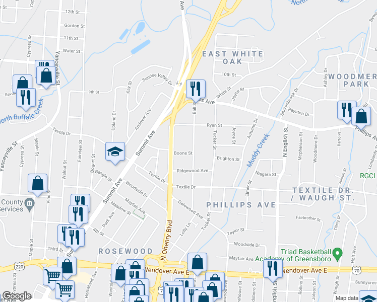 map of restaurants, bars, coffee shops, grocery stores, and more near 1515 Boone Street in Greensboro