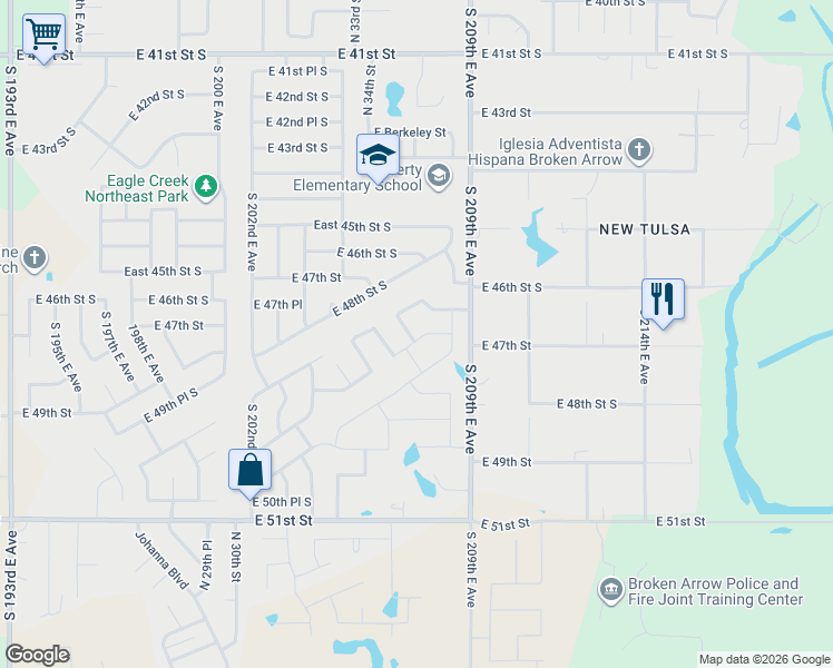 map of restaurants, bars, coffee shops, grocery stores, and more near 4411 North 35th Street in Broken Arrow