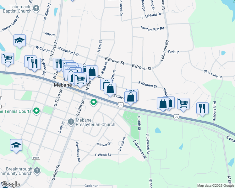 map of restaurants, bars, coffee shops, grocery stores, and more near 303 East Clay Street in Mebane