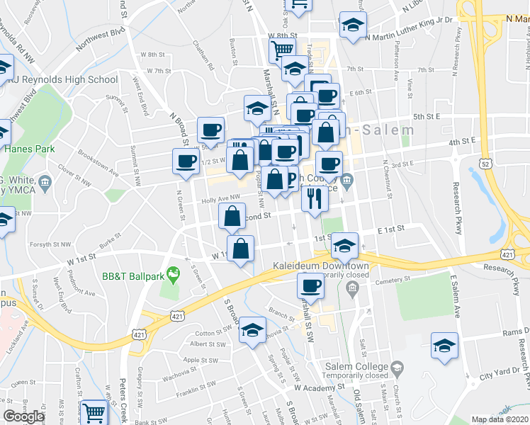 map of restaurants, bars, coffee shops, grocery stores, and more near 515 Second Street Northwest in Winston-Salem