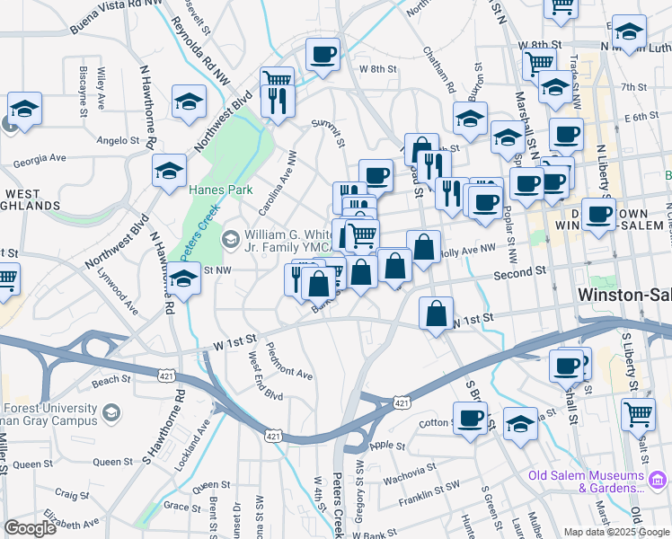 map of restaurants, bars, coffee shops, grocery stores, and more near 940 Burke Street in Winston-Salem