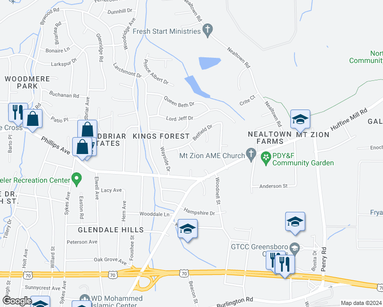 map of restaurants, bars, coffee shops, grocery stores, and more near 4304 King Arthur Place in Greensboro