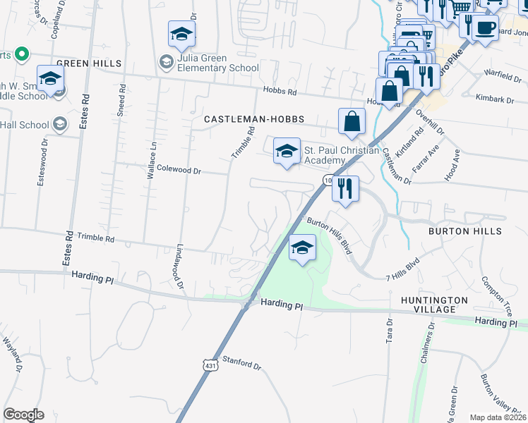 map of restaurants, bars, coffee shops, grocery stores, and more near 400 Summit Ridge Pl in Nashville