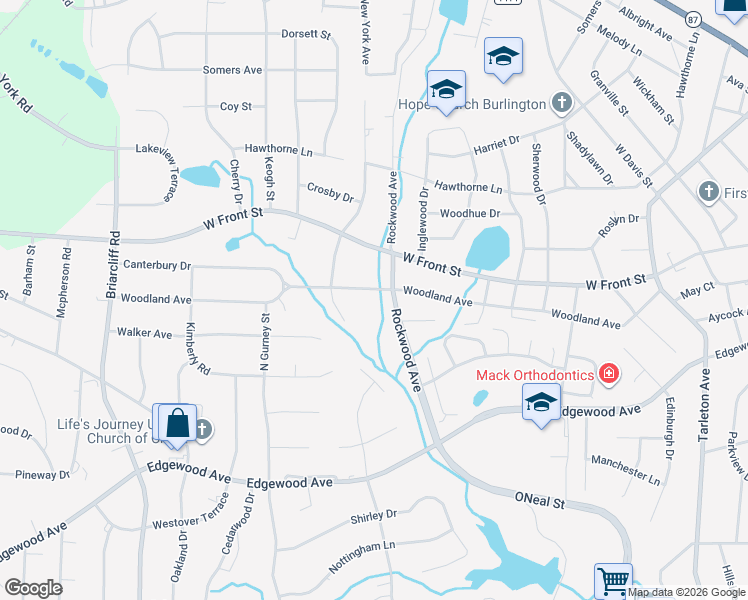 map of restaurants, bars, coffee shops, grocery stores, and more near 2010 Woodland Avenue in Burlington