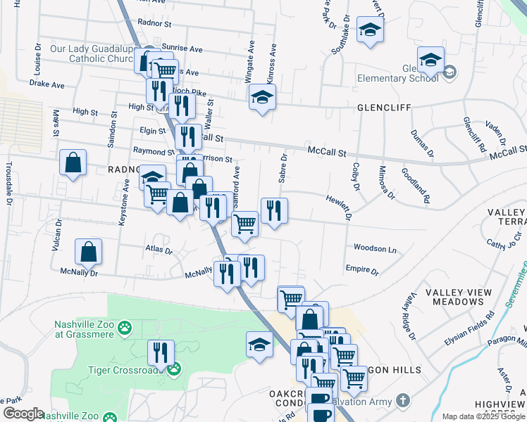 map of restaurants, bars, coffee shops, grocery stores, and more near 3623 Floral Drive in Nashville