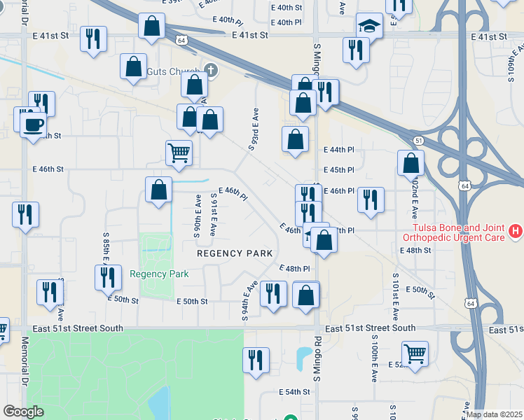 map of restaurants, bars, coffee shops, grocery stores, and more near 9169 East 46th Place in Tulsa