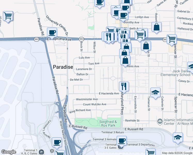 map of restaurants, bars, coffee shops, grocery stores, and more near 5178 Wilbur Street in Las Vegas