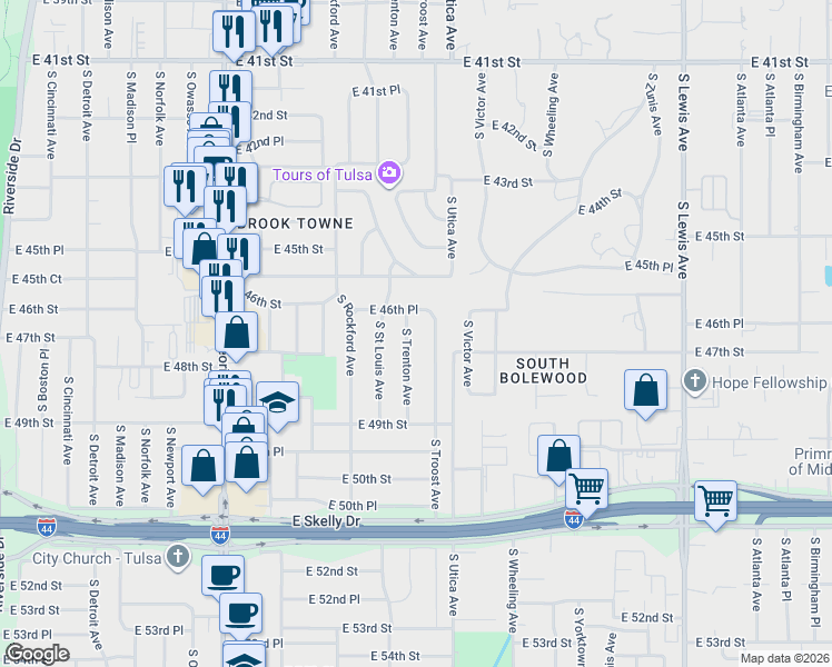 map of restaurants, bars, coffee shops, grocery stores, and more near 4629 South Trenton Avenue in Tulsa