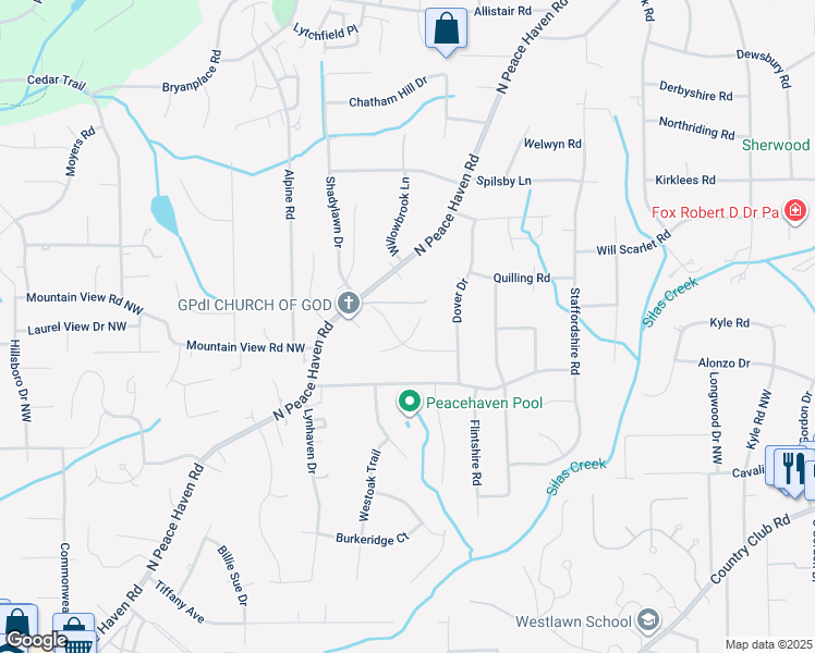 map of restaurants, bars, coffee shops, grocery stores, and more near 610 Terrybrook Court in Winston-Salem
