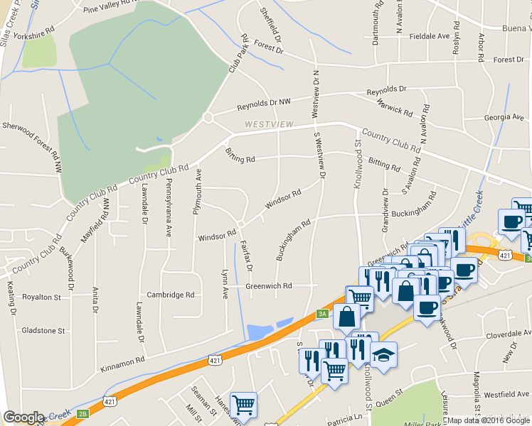 map of restaurants, bars, coffee shops, grocery stores, and more near 307 Windsor Oaks Court in Winston-Salem