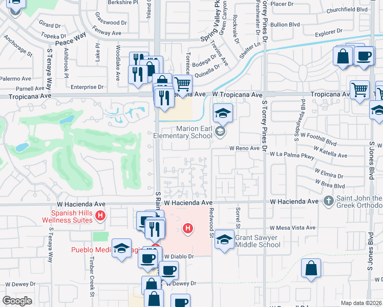 map of restaurants, bars, coffee shops, grocery stores, and more near 5066 South Rainbow Boulevard in Las Vegas
