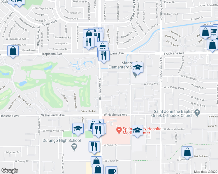 map of restaurants, bars, coffee shops, grocery stores, and more near 5072 South Rainbow Boulevard in Las Vegas
