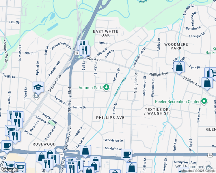 map of restaurants, bars, coffee shops, grocery stores, and more near 1722 Boone Street in Greensboro