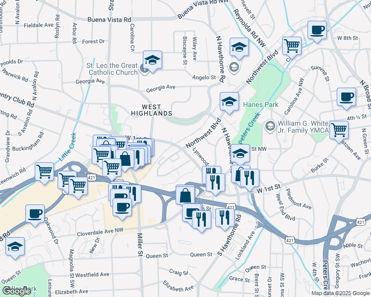 map of restaurants, bars, coffee shops, grocery stores, and more near 1722 Lynwood Avenue in Winston-Salem