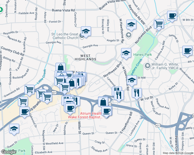 map of restaurants, bars, coffee shops, grocery stores, and more near 1823 West 1st Street in Winston-Salem