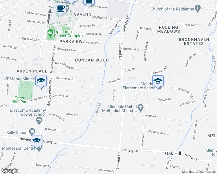 map of restaurants, bars, coffee shops, grocery stores, and more near 4302 Scenic Drive in Nashville