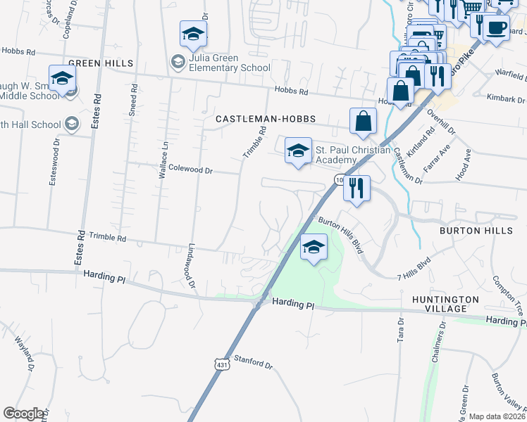 map of restaurants, bars, coffee shops, grocery stores, and more near 255 Summit Ridge Drive in Nashville