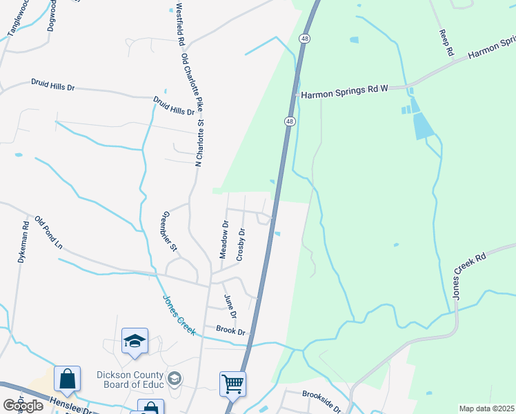 map of restaurants, bars, coffee shops, grocery stores, and more near 111 Crestview Place in Dickson