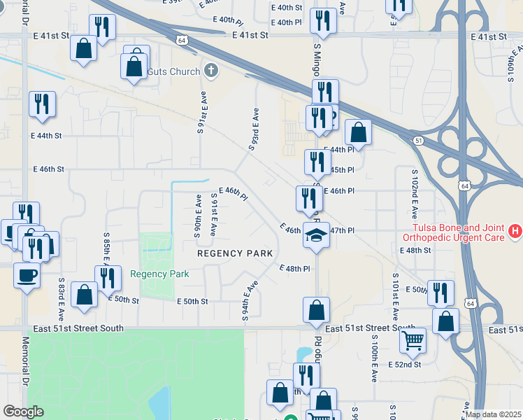map of restaurants, bars, coffee shops, grocery stores, and more near 9169 East 46th Place in Tulsa