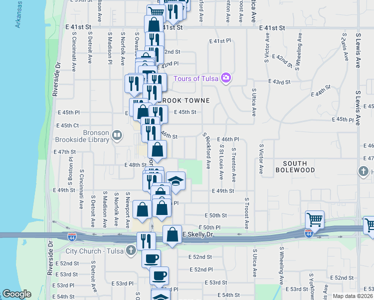 map of restaurants, bars, coffee shops, grocery stores, and more near 4622 South Quincy Avenue in Tulsa