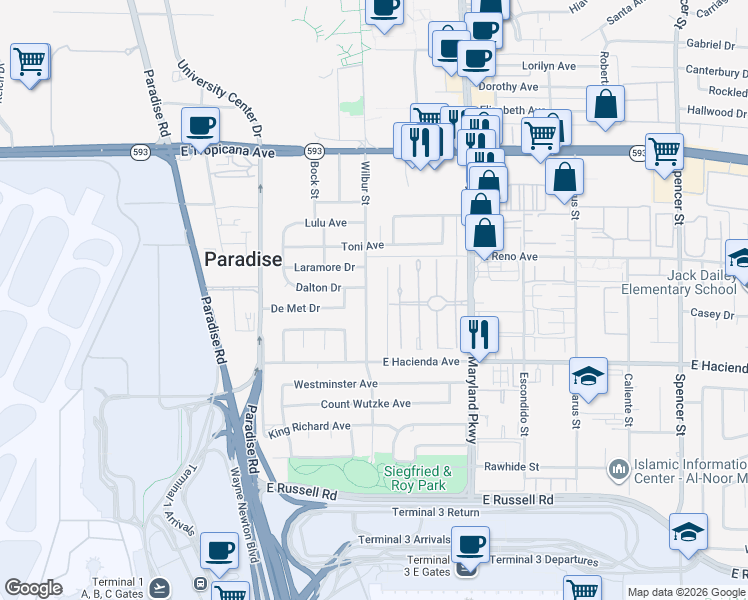 map of restaurants, bars, coffee shops, grocery stores, and more near 5178 Wilbur Street in Las Vegas