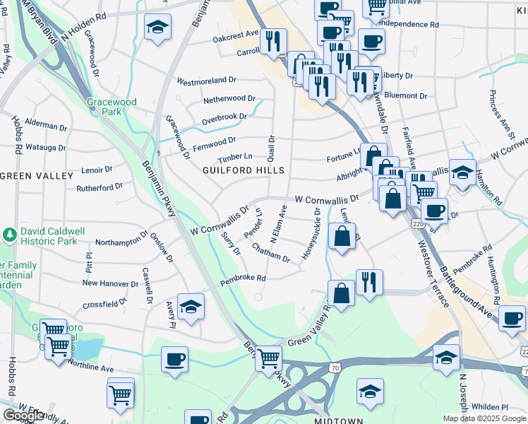 map of restaurants, bars, coffee shops, grocery stores, and more near 1116 Pender Lane in Greensboro