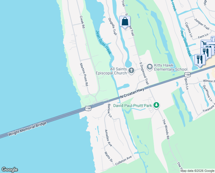 map of restaurants, bars, coffee shops, grocery stores, and more near 1009 Creek Road in Kitty Hawk