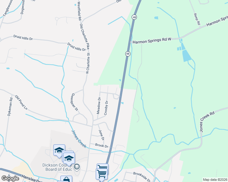 map of restaurants, bars, coffee shops, grocery stores, and more near 111 Crestview Place in Dickson