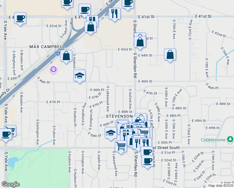 map of restaurants, bars, coffee shops, grocery stores, and more near 4623 South Maplewood Avenue in Tulsa