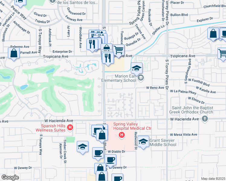 map of restaurants, bars, coffee shops, grocery stores, and more near 5072 South Rainbow Boulevard in Las Vegas