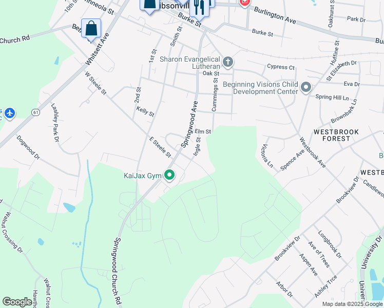 map of restaurants, bars, coffee shops, grocery stores, and more near 824 Ingle Street in Gibsonville