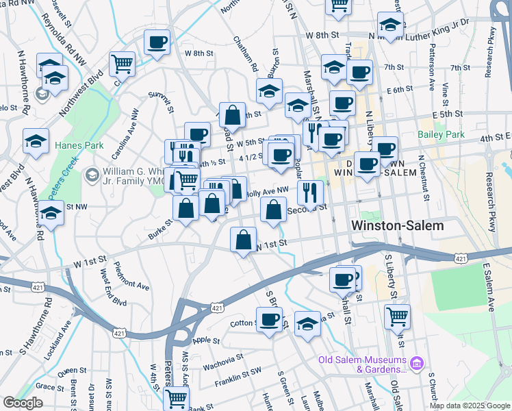map of restaurants, bars, coffee shops, grocery stores, and more near 217 North Spring Street in Winston-Salem