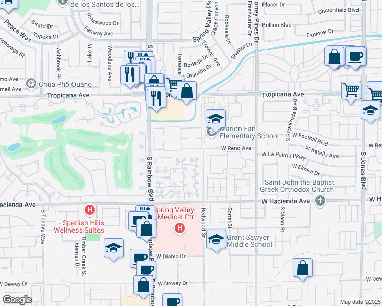 map of restaurants, bars, coffee shops, grocery stores, and more near 5052 South Rainbow Boulevard in Las Vegas