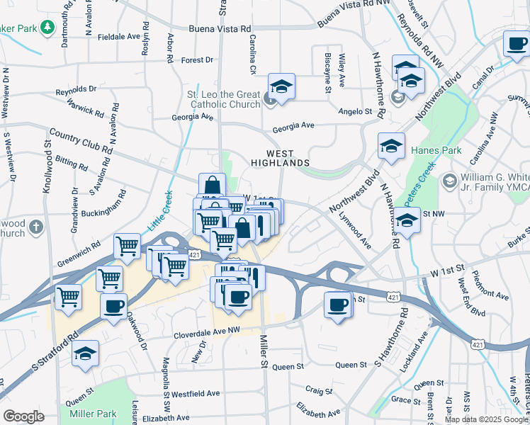 map of restaurants, bars, coffee shops, grocery stores, and more near 1920 West 1st Street in Winston-Salem
